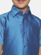 Sethukrishna Blue & White Solid Shirt and Veshti Set For Boys | Grocsy