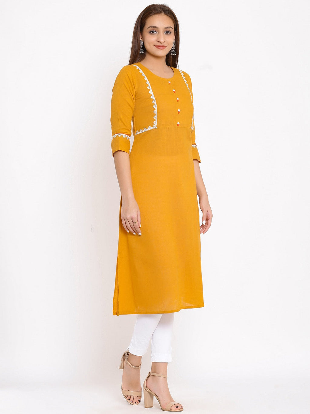 HERE&NOW Mustard Yellow & White Ethnic Motifs Embroidered Straight Kurta | Grocsy