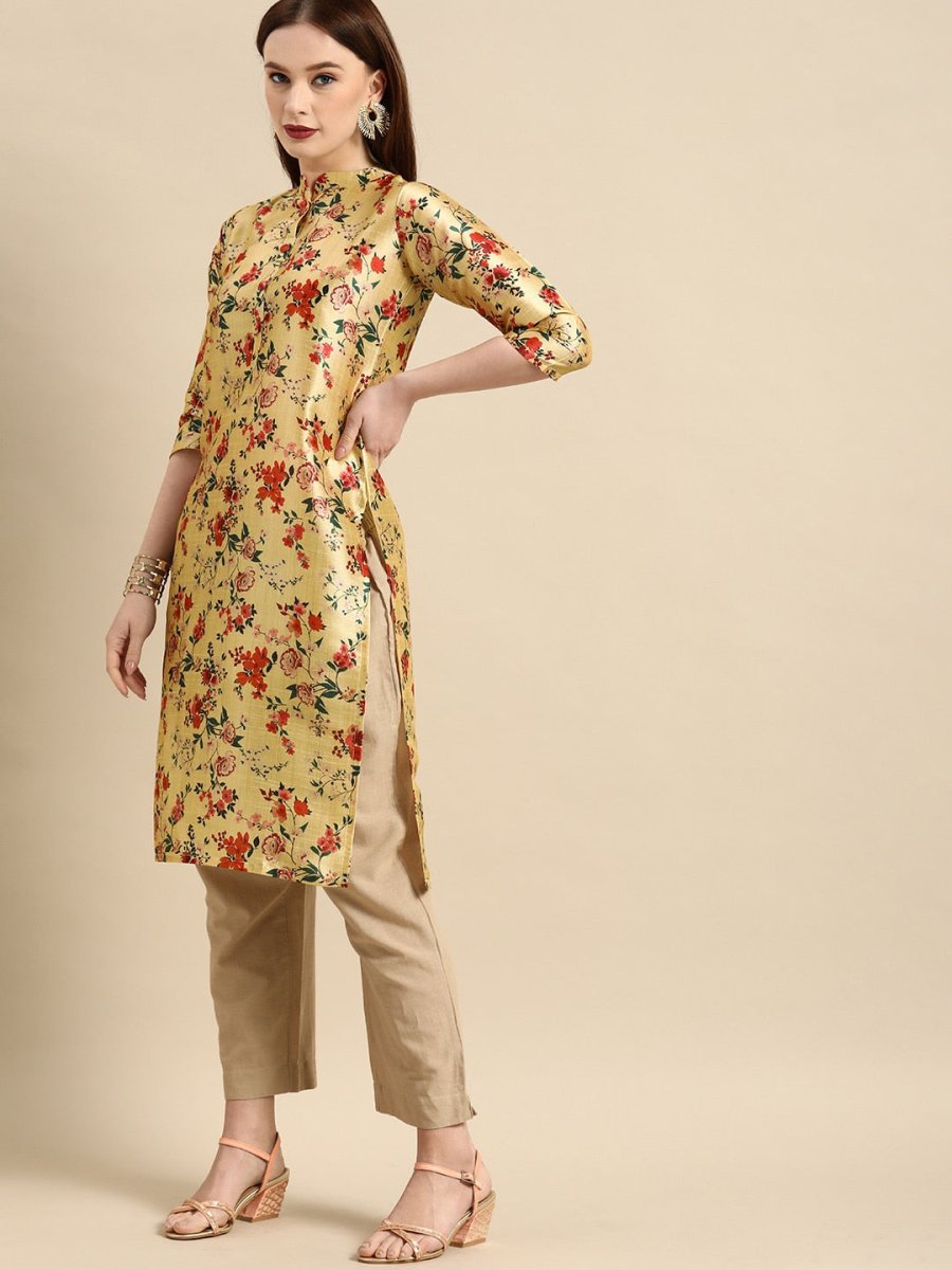 All About You Women Mustard Yellow & Red Floral Print Chanderi Silk Blend Straight Kurta | Grocsy
