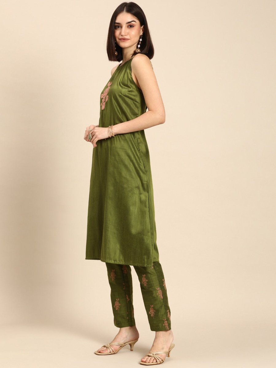All About You Women Green Floral Print Embroidered Regular Kurta with Trousers | Grocsy