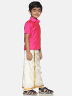 Sethukrishna Boys Pink & Cream-Coloured Solid Shirt and Veshti Set | Grocsy