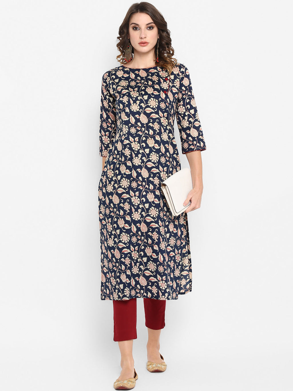 Janasya Women Navy Blue Ethnic Motifs Printed Regular Pure Cotton Kurta with Trousers | Grocsy