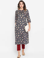 Janasya Women Navy Blue Ethnic Motifs Printed Regular Pure Cotton Kurta with Trousers | Grocsy