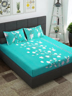 Story@home Sea Green & White Floral 152 TC Cotton 1 Queen Bedsheet with 2 Pillow Covers | Grocsy