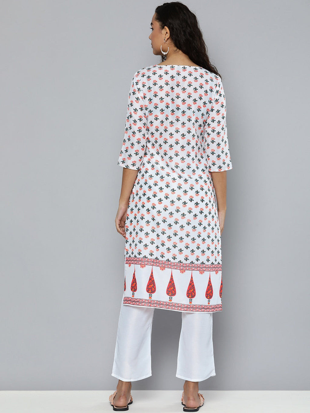 HERE&NOW Women White & Green Floral Printed Angrakha Kurta with Trousers | Grocsy