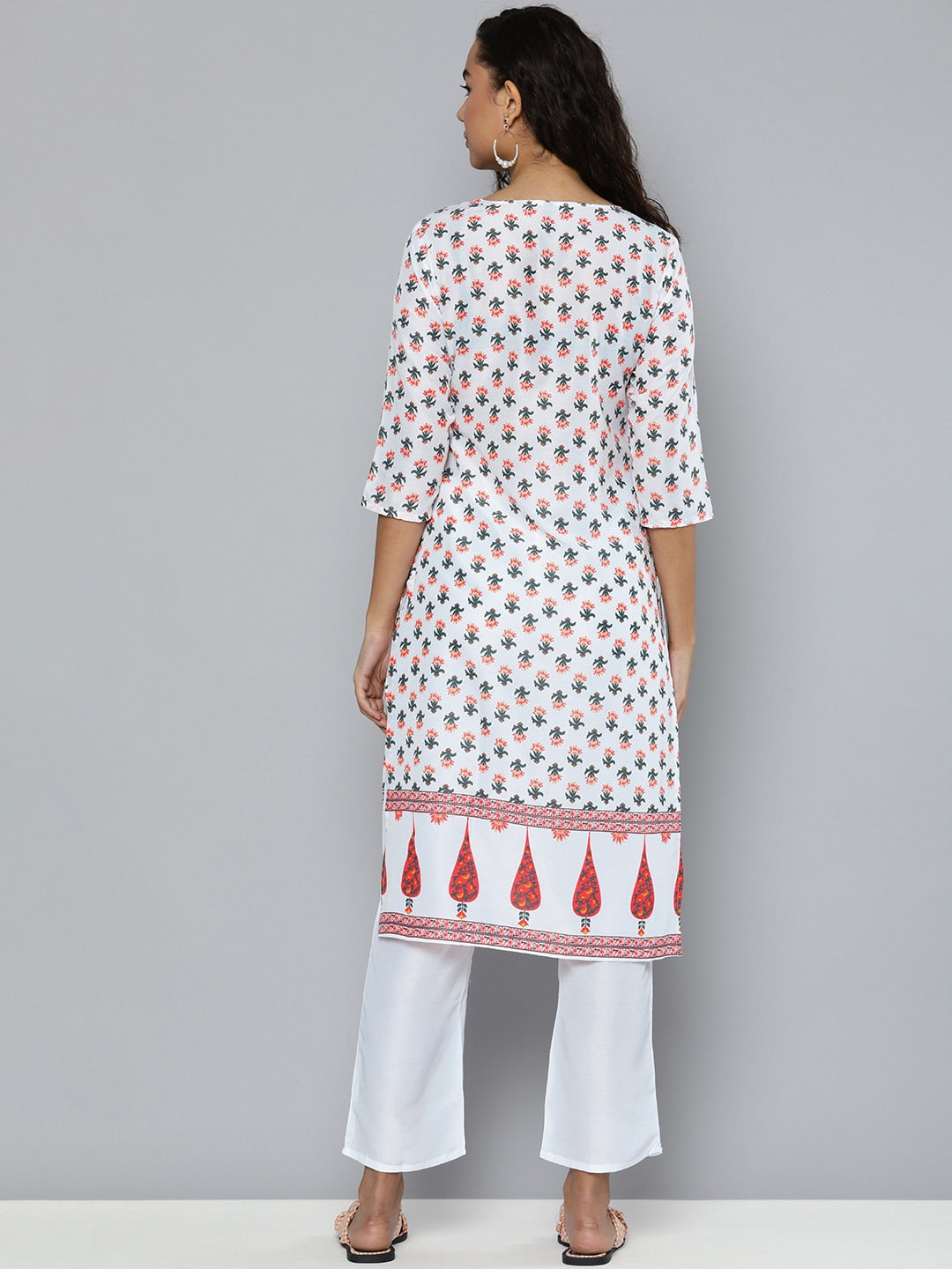 HERE&NOW Women White & Green Floral Printed Angrakha Kurta with Trousers | Grocsy
