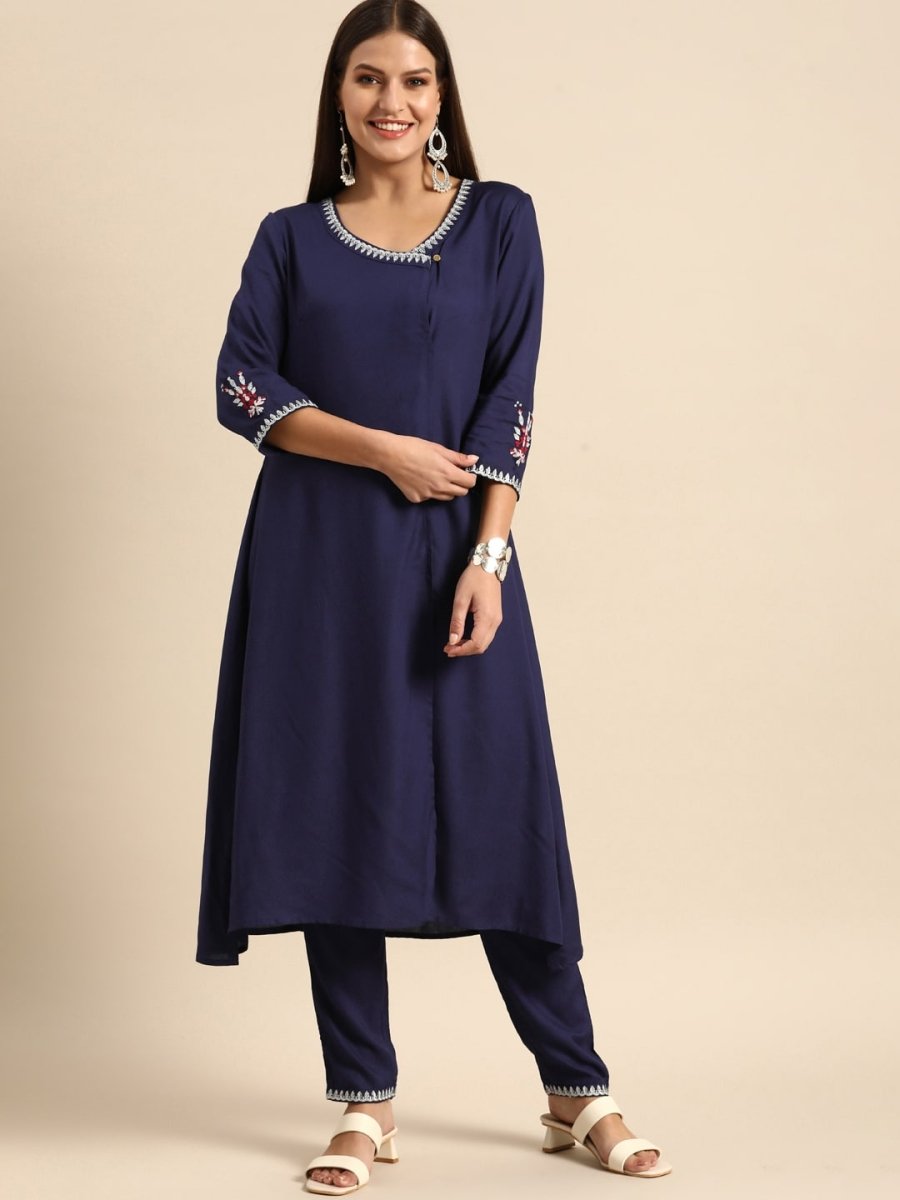 All About You Women Navy Blue Embroidered Kurta with Trousers | Grocsy