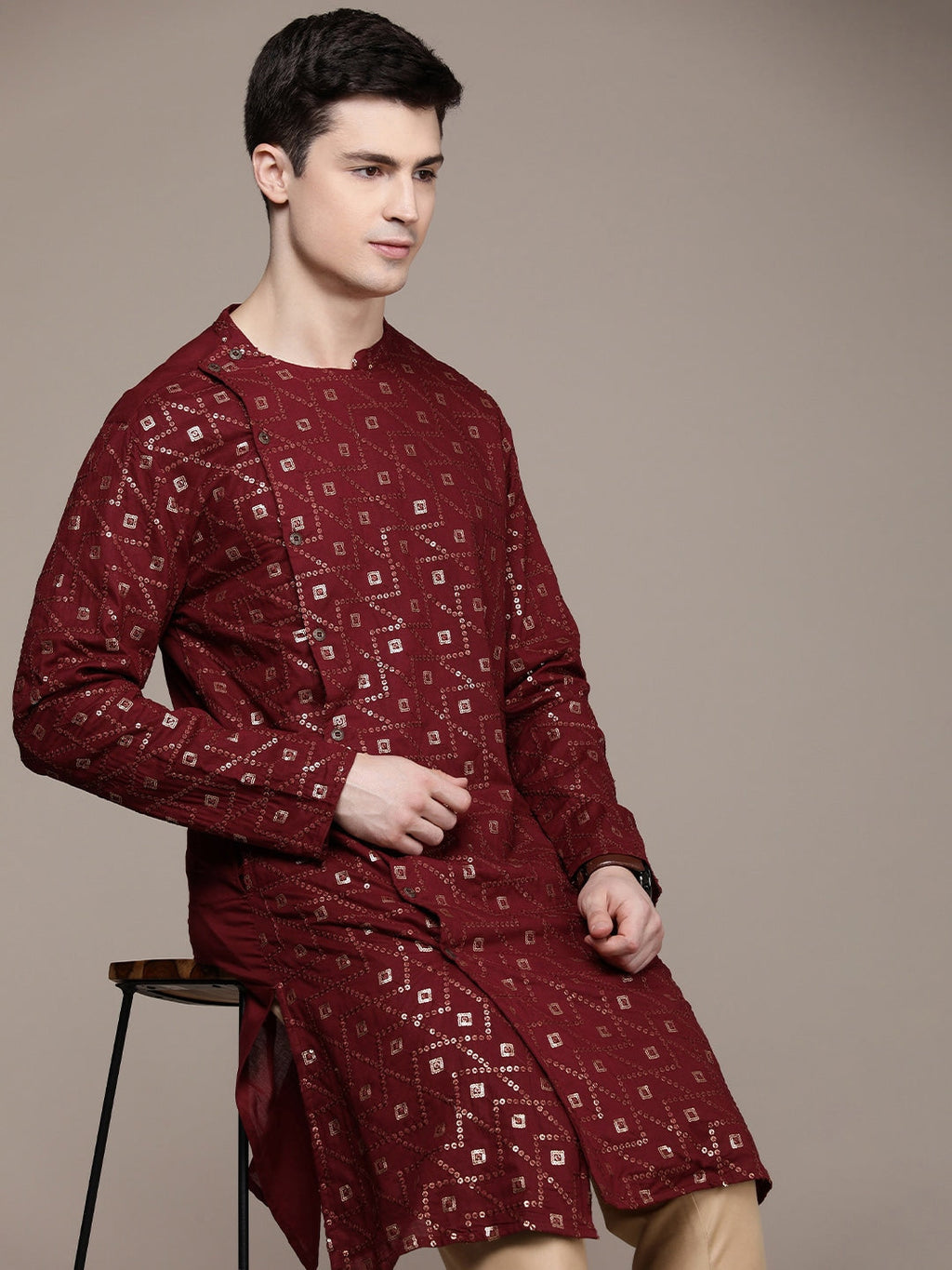 House of Pataudi Ethnic Motifs Embroidered Pure Cotton Sequinned Jashn Kurta | Grocsy