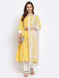 Myshka Women's Yellow Printed Cotton 3/4 Sleeve Round Neck Casual Kurta Pant Dupatta Set | Grocsy