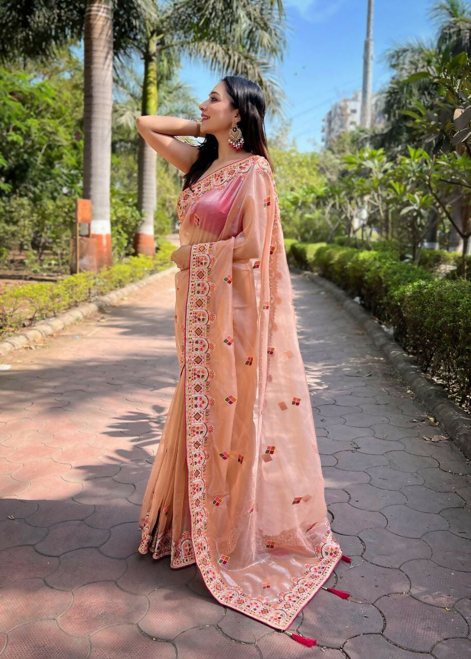 Vastranavya Twill Net Designer Embroidery & Colour Thread & Diamond work Saree with Blouse Material - Peach | Grocsy
