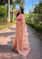 Vastranavya Twill Net Designer Embroidery & Colour Thread & Diamond work Saree with Blouse Material - Peach | Grocsy