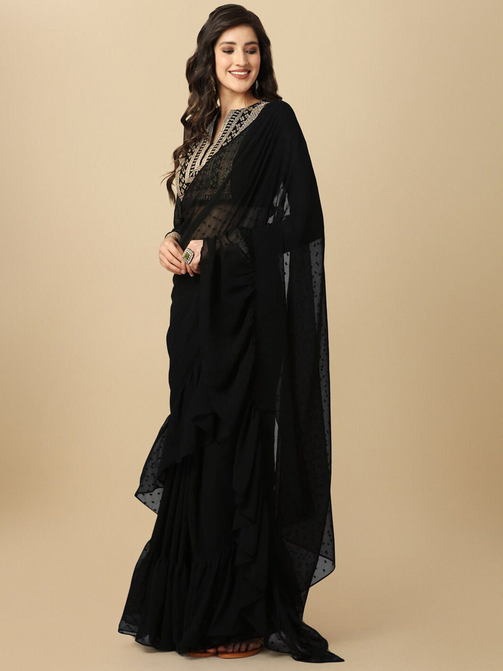 Sangria Black Geometric Woven Design Saree | Grocsy