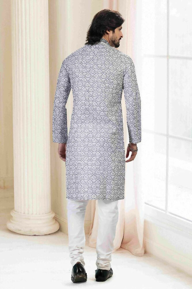 Raivat Ethnic Cotton Thread Work Kurta Pajama In Grey Colour | Grocsy