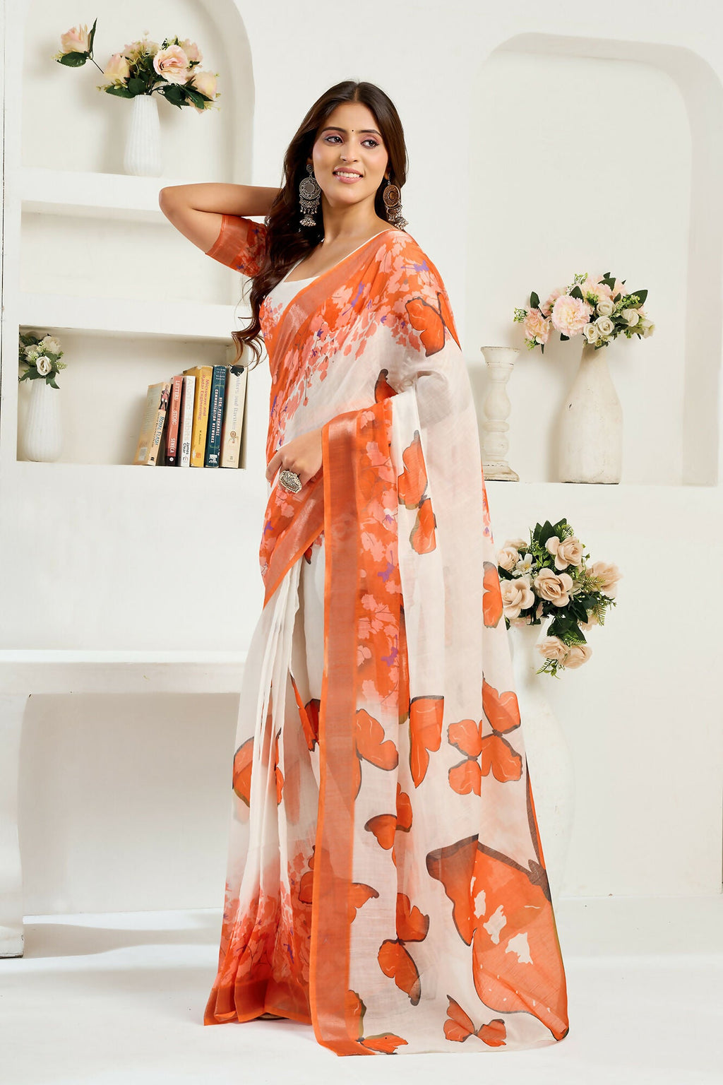 Vastranavya White Orange Digital Printed Linen Ready To Wear Designer Saree with Unstitched Blouse | Grocsy