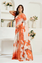 Vastranavya White Orange Digital Printed Linen Ready To Wear Designer Saree with Unstitched Blouse | Grocsy