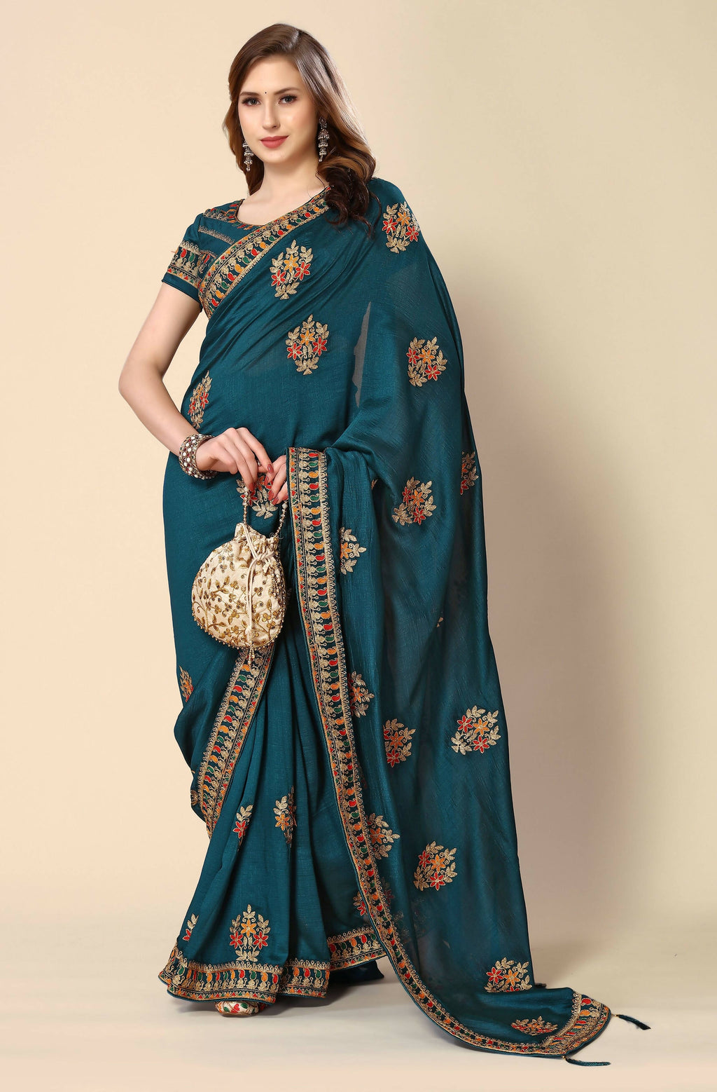 Teal Chinon Embroidered Saree with Unstitched Blouse Piece - Roozal | Grocsy