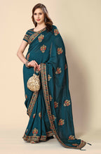 Teal Chinon Embroidered Saree with Unstitched Blouse Piece - Roozal | Grocsy