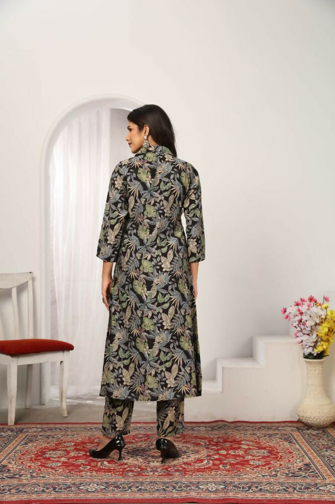 Jyoti Fashion Women's Black Chanderi Silk Floral Print with Side Pocket Kurtis & Sets | Grocsy