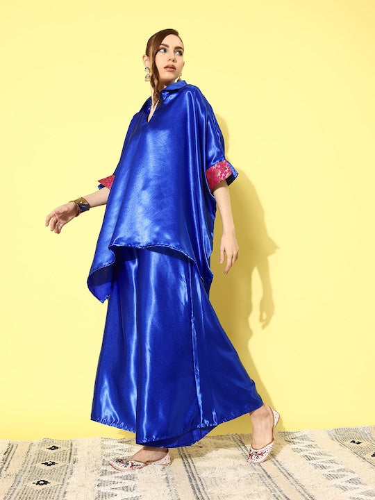 InWeave Women's Blue Pink Brocade Satin Boho Kurta Palazzo Set | Grocsy