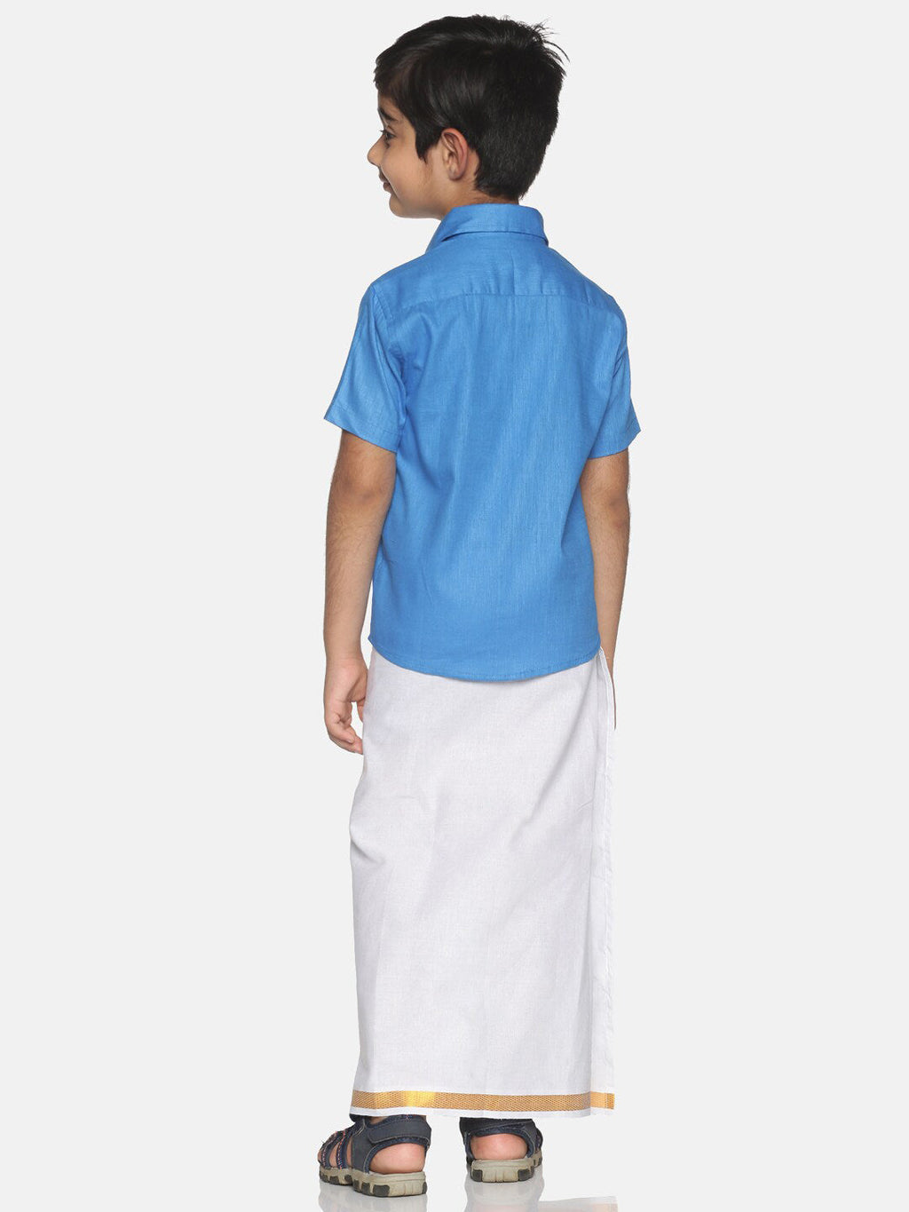 Sethukrishna Blue & White Solid Shirt with Veshti Set For Boys | Grocsy