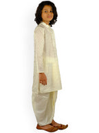 Sethukrishna Boys Cream-Coloured Embroidered Angrakha Kurta with Salwar & With Dupatta | Grocsy