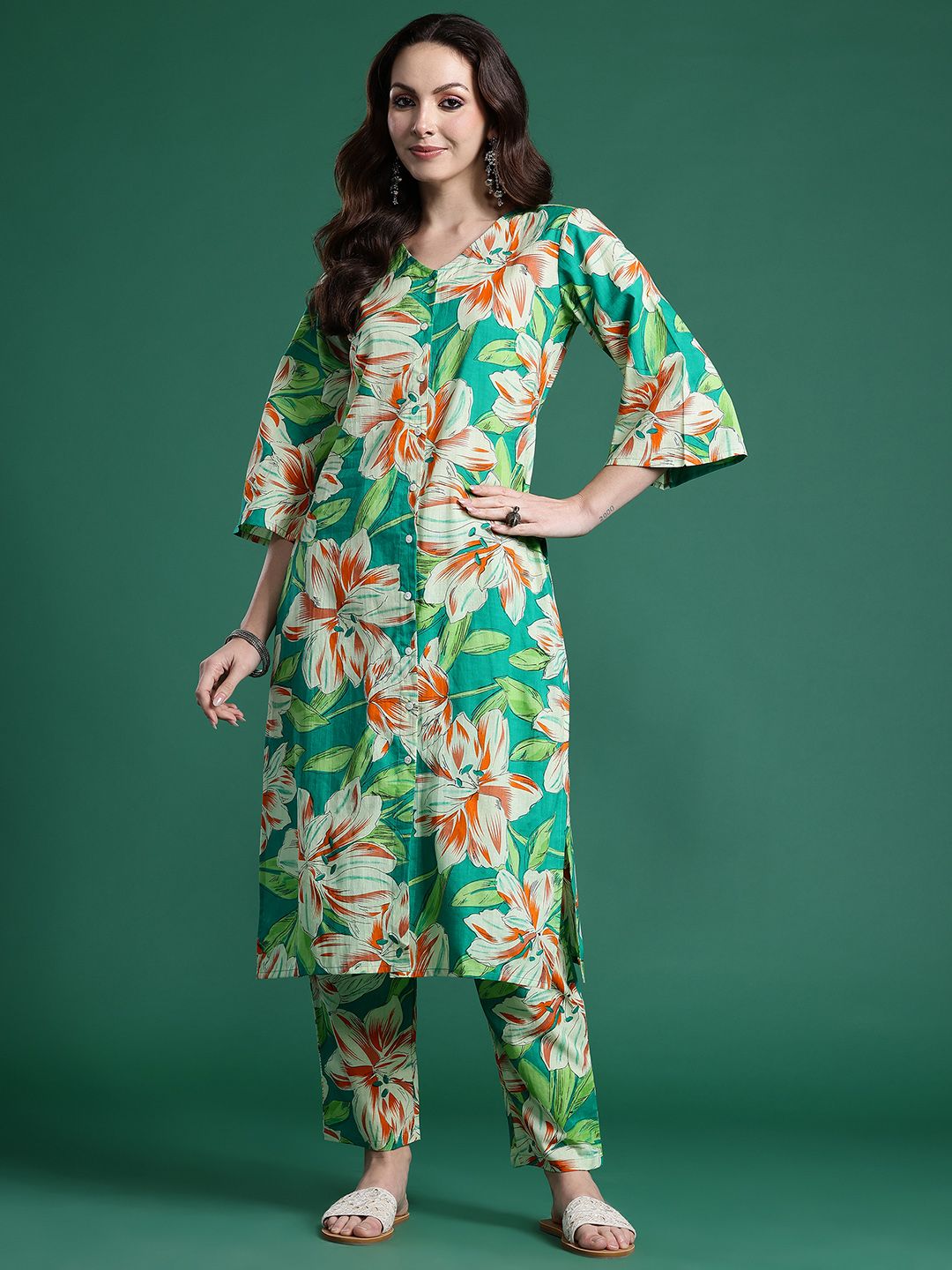 Indo Era Women Floral Printed Regular Pure Cotton Kurta with Trousers | Grocsy