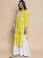 HOUSE OF KARI Floral Chikankari Embroidered Cotton Straight Kurta | Grocsy