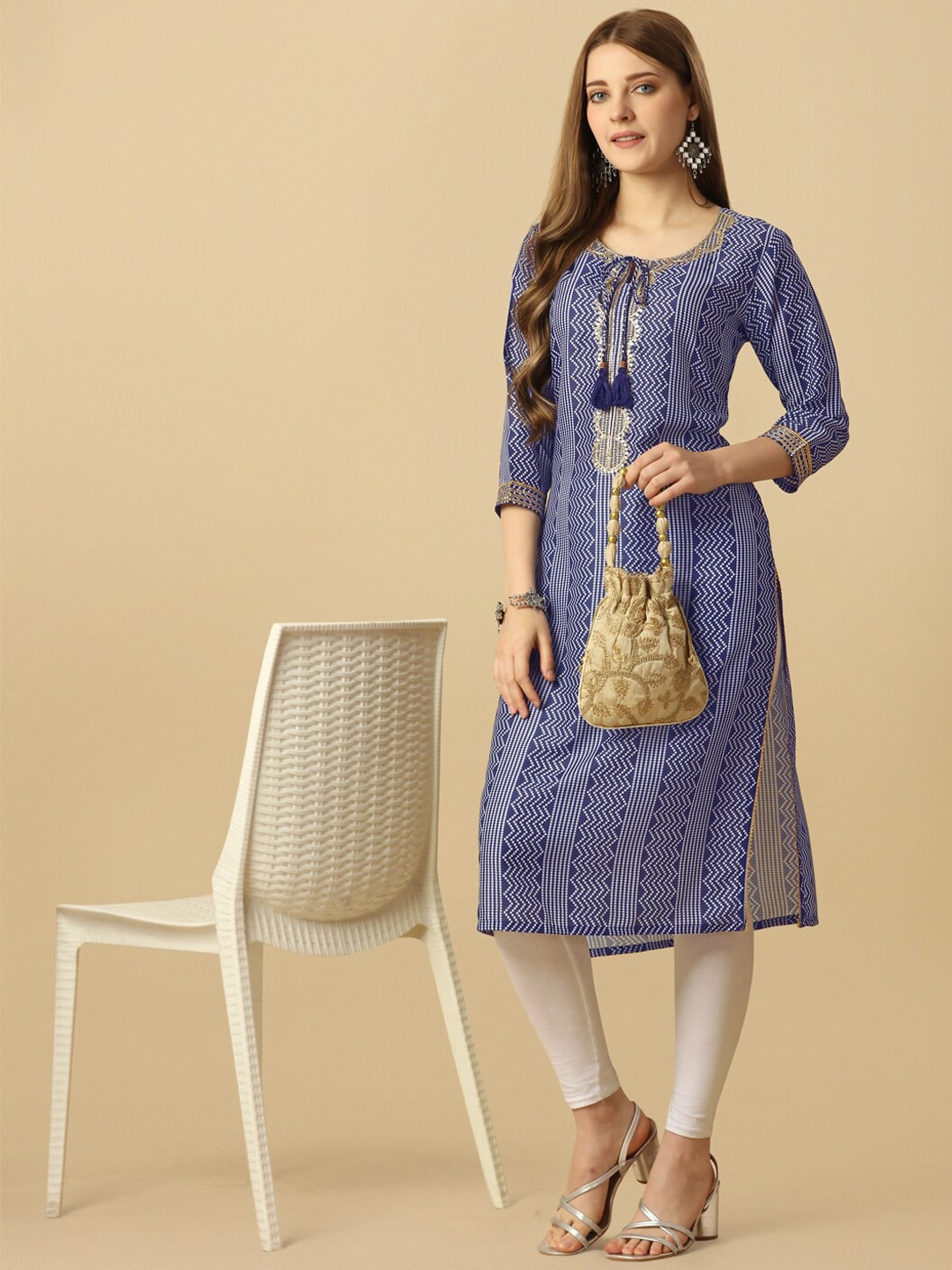 HERE&NOW Blue & White Tie-Up Neck Bandhani Printed Sequined Straight Kurta | Grocsy