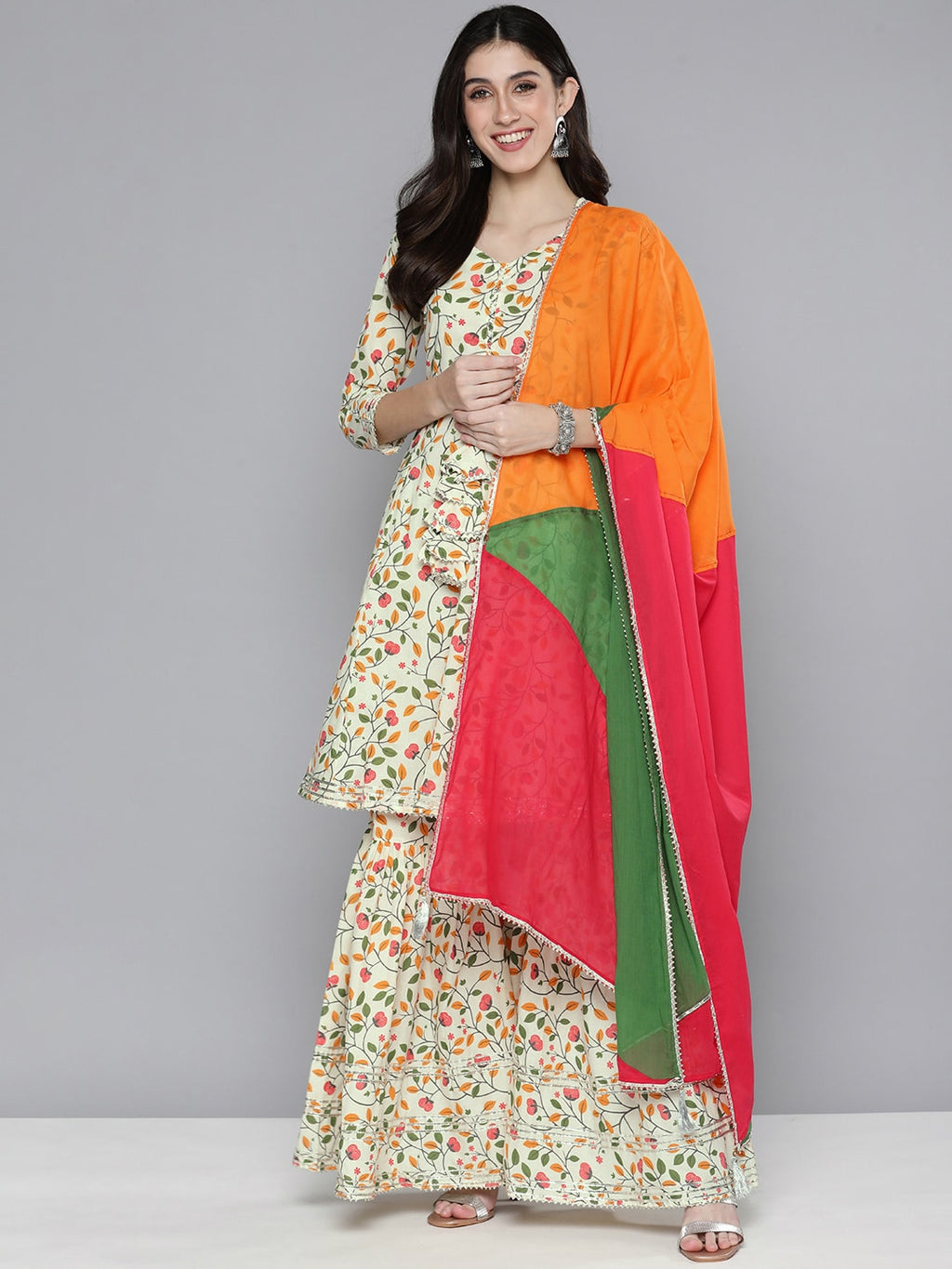 HERE&NOW Women Floral Printed Gotta Patti Pure Cotton Kurta with Sharara & Dupatta | Grocsy