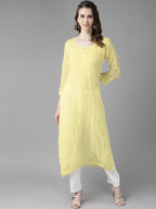 ADA Women Yellow Ethnic Motifs Embroidered Chikankari Georgette Handloom Kurta | Grocsy