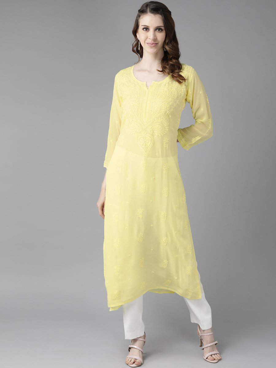 ADA Women Yellow Ethnic Motifs Embroidered Chikankari Georgette Handloom Kurta | Grocsy