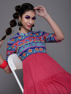 Aks Ethnic Motifs Printed Mandarin Collar Cotton Silk Anarkali Kurta | Grocsy