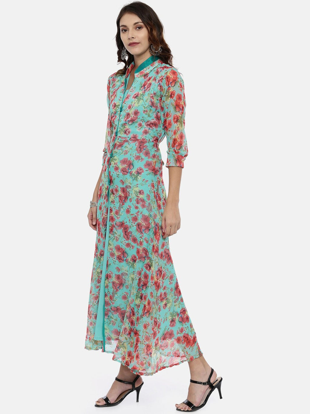 Souchii Turquoise Blue & Pink Floral Print Ethnic Maxi Dress | Grocsy