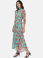 Souchii Women Turquoise Blue & Pink Floral Print Ethnic Maxi Dress | Grocsy