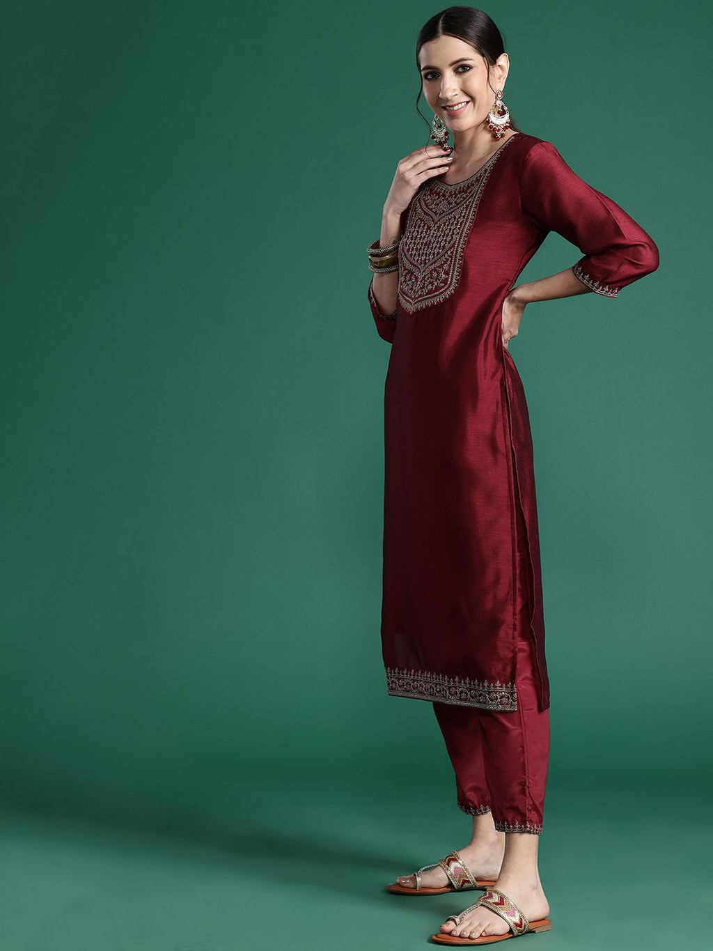 Indo Era Ethnic Motifs Yoke Design Sequinned Kurta with Trousers & Dupatta | Grocsy