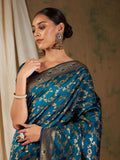 Sangria Blue Floral Woven Design Zari Kanjeevaram Saree | Grocsy