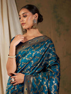 Sangria Blue Floral Woven Design Zari Kanjeevaram Saree | Grocsy