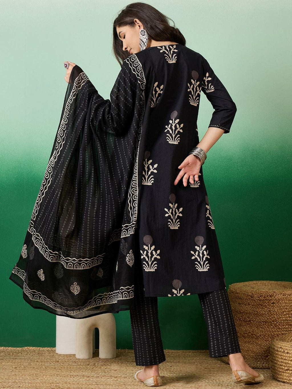 Sangria Notch Neck Printed Pure Cotton Kurta With Trousers & Dupatta | Grocsy