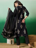 Sangria Notch Neck Printed Pure Cotton Kurta With Trousers & Dupatta | Grocsy