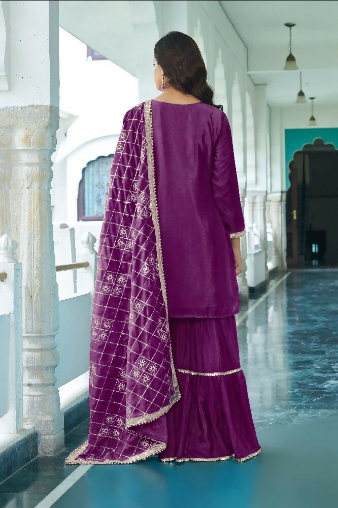 Teeya Creation Wine Colour Chinnon Silk Heavy Embroidery Work Fully Stitched Salwar Suit | Grocsy