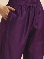 Sangria Women Purple Ethnic Motifs Embroidered Kurta with Trousers | Grocsy