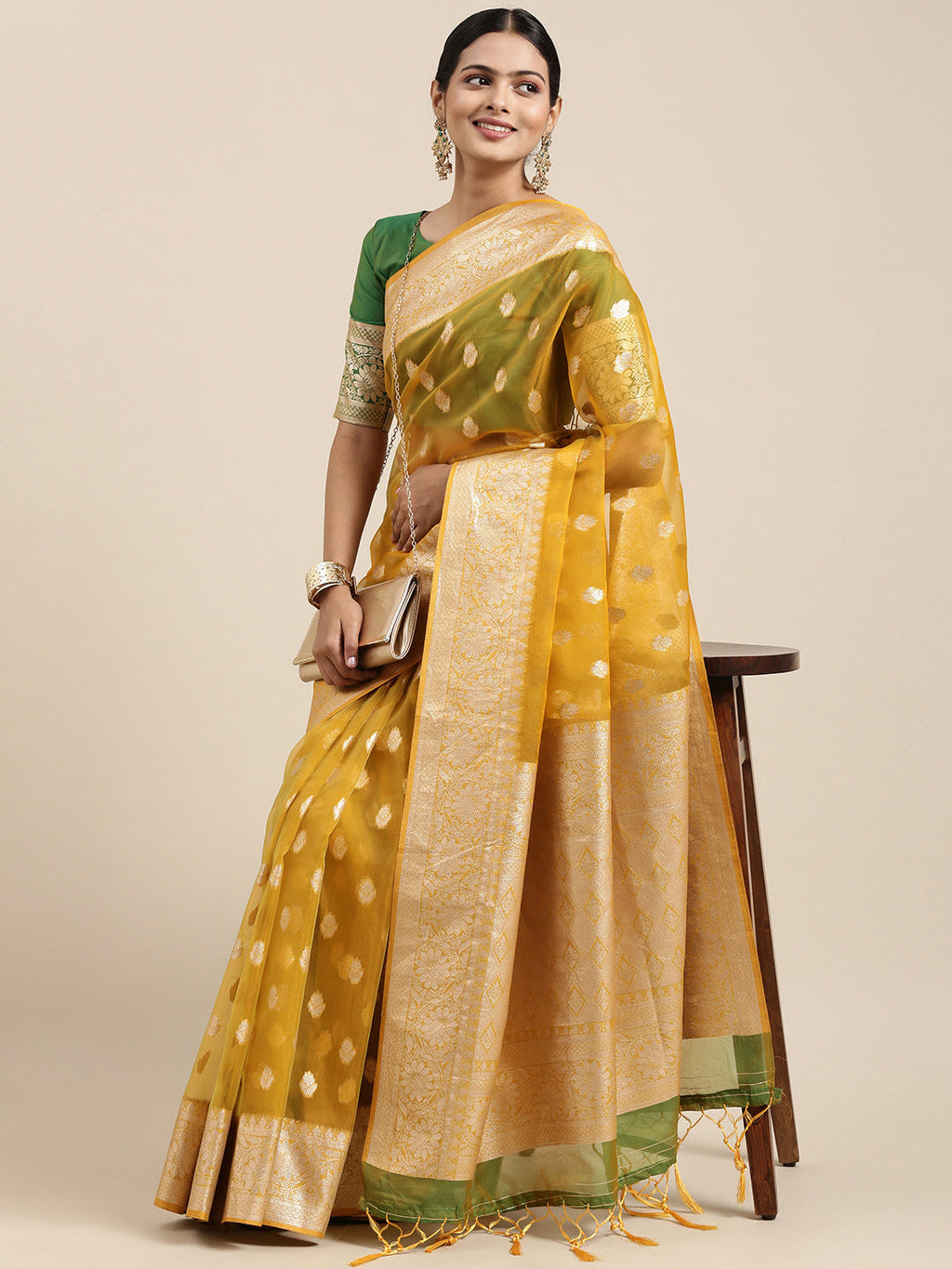 Saree Mall Mustard Ethnic Motifs Zari Organza Banarasi Saree | Grocsy