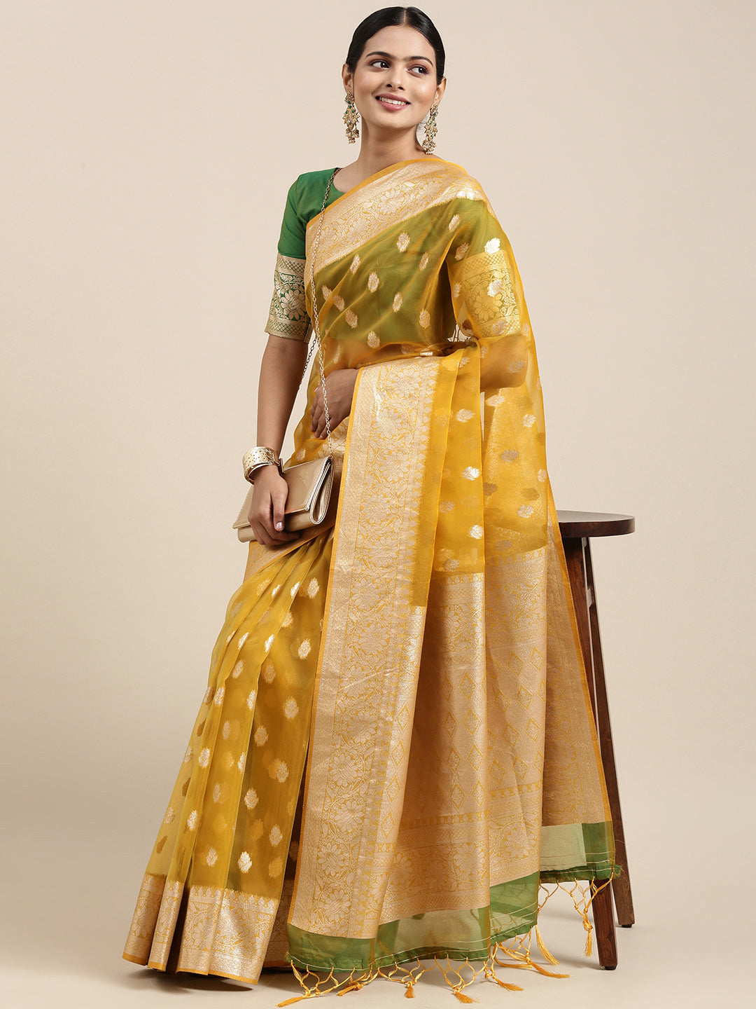 Saree Mall Mustard Ethnic Motifs Zari Organza Banarasi Saree | Grocsy