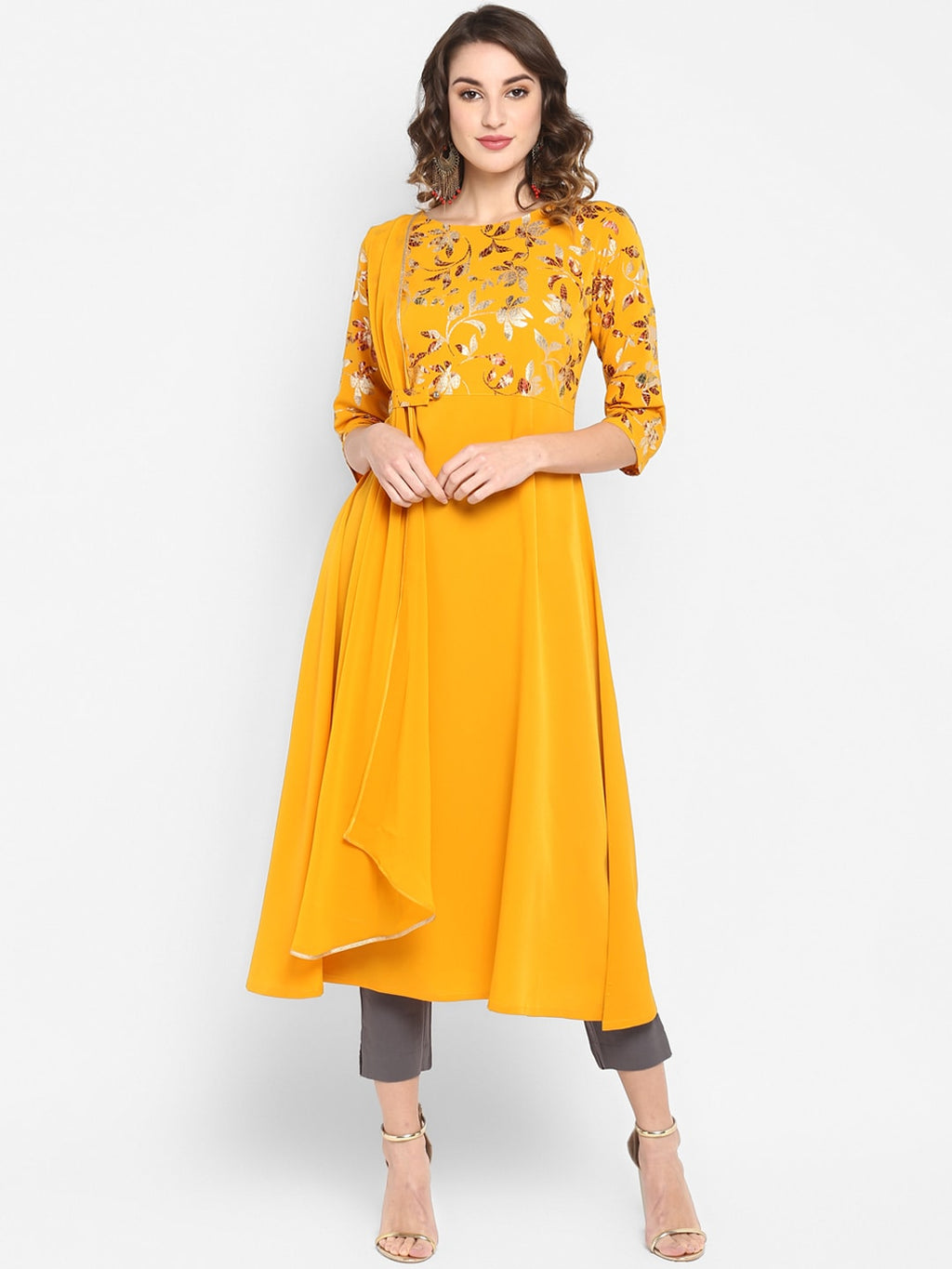 Janasya Women Mustard Yellow Printed A-Line Kurta | Grocsy