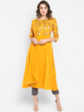 Janasya Women Mustard Yellow Printed A-Line Kurta | Grocsy