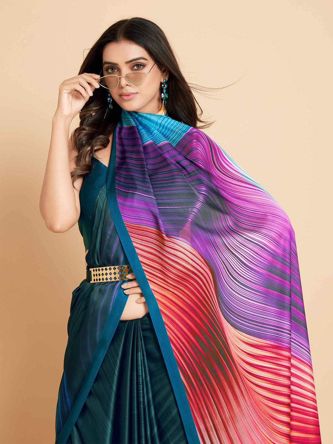 Sangria Navy Blue & Violet Satin Ready to Wear Saree | Grocsy