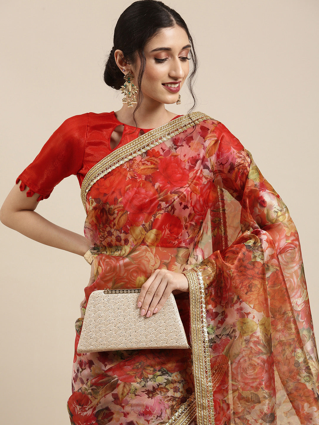 Tikhi Imli Red Floral Organza Saree | Grocsy