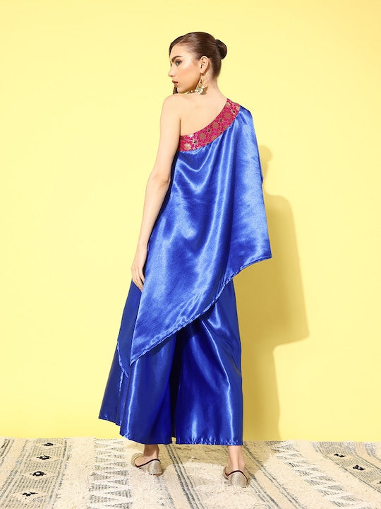 InWeave Women's Blue Pink Brocade Satin Oneshoulder Kurta Set | Grocsy