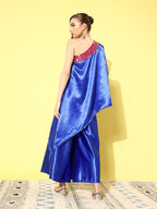 InWeave Women's Blue Pink Brocade Satin Oneshoulder Kurta Set | Grocsy