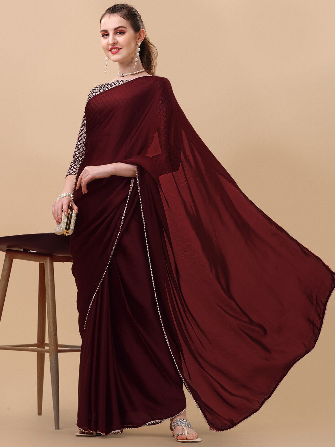 Sangria Women Burgundy Sarees | Grocsy